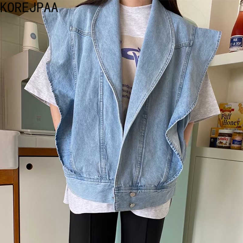 

Korejpaa Women Tanks Summer Korean Chic Retro Lapel Ruffled Loose Versatile Washed Blue Denim Waistcoat Cardigan Jackets 210526
