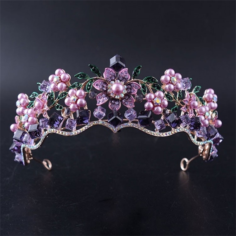 

Luxury Baroque Purple Crystal Pearl Bridal Crown Tiara Magnificent Diadem for Bride Headband Wedding Hair Accessories 210707
