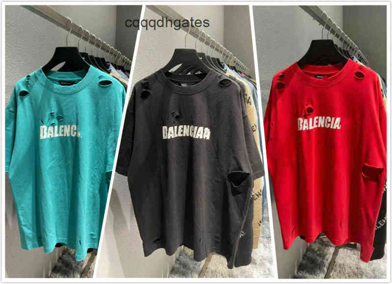 

balencaigas italy brand men t shirts printing men's women's OS Paris art letter hole crack old T-shirt balencaga, Black