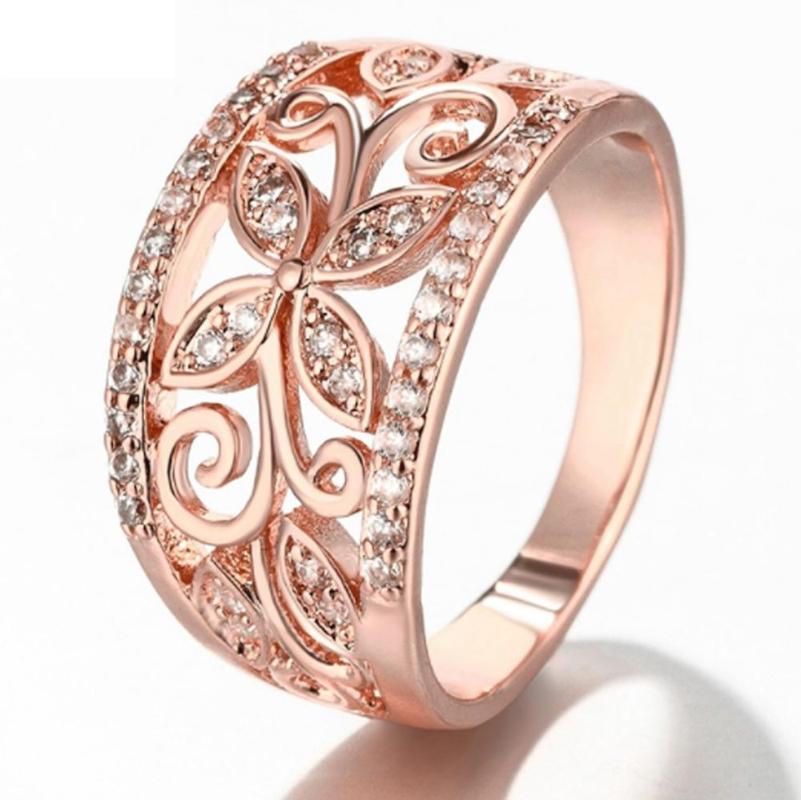

Wedding Rings 2021 Fashion Engagement Bride Flower For Women Rose Gold CZ Vintage Elegant Hollow Out Promise Ring Gift
