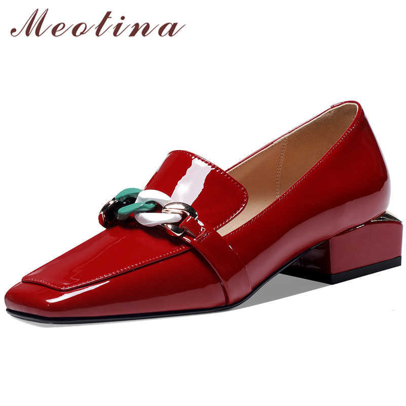 

Meotina Loafers Shoes Women Genuine Leather Med Heels Square Toe Pumps Metal Decoration Block Heel Female Footwear Size 42 210608, White