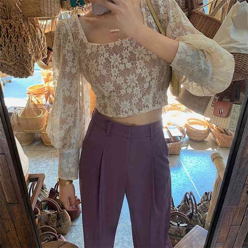 

Lace Shirt Vintage Square Collar Puff Long Sleeve Blouse Casual Sweet Embroidery Korean Crops Top Short Blusas Feminimos 210519, Creamy-white