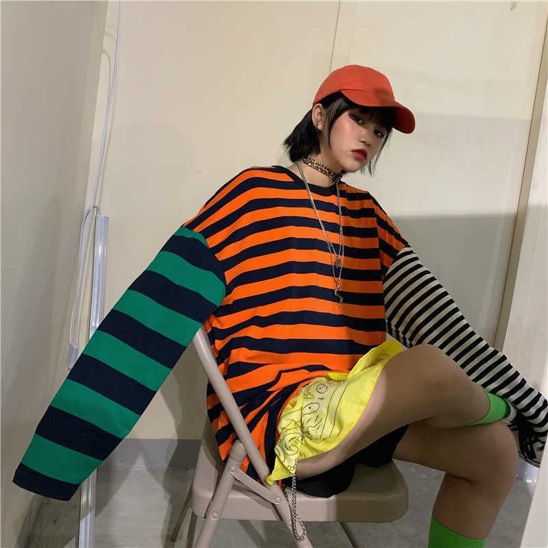 

Autumn ulzzang Harajuku Europe and America street hip hop striped sweatshirt ins fashion loose O-neck casual women 210608, Black