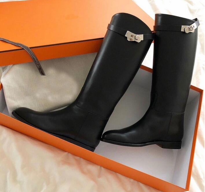 

Luxury Design Jumping Long Knee Boots Kelly Lock Buckles Martin Boot Famous Winter Lady Knight Booties EU35-43, Black