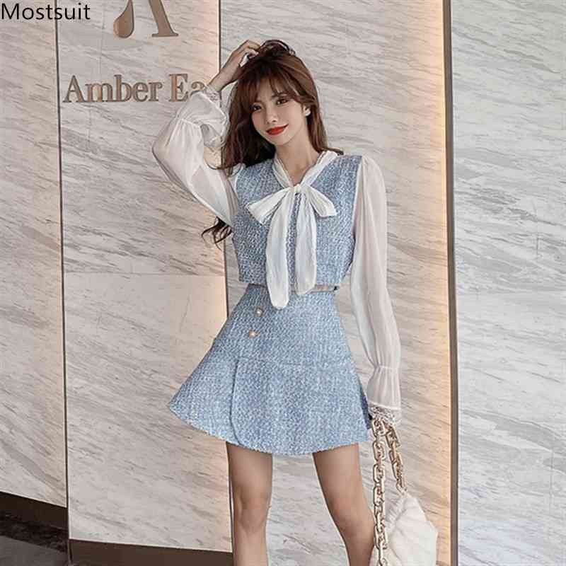 

Spring Autumn Vintage Elegant Tweed Two Piece Set For Women Chiffon Patchwork Fake Tops + Mini Skirt Sets Ouitfit 210518, Pink
