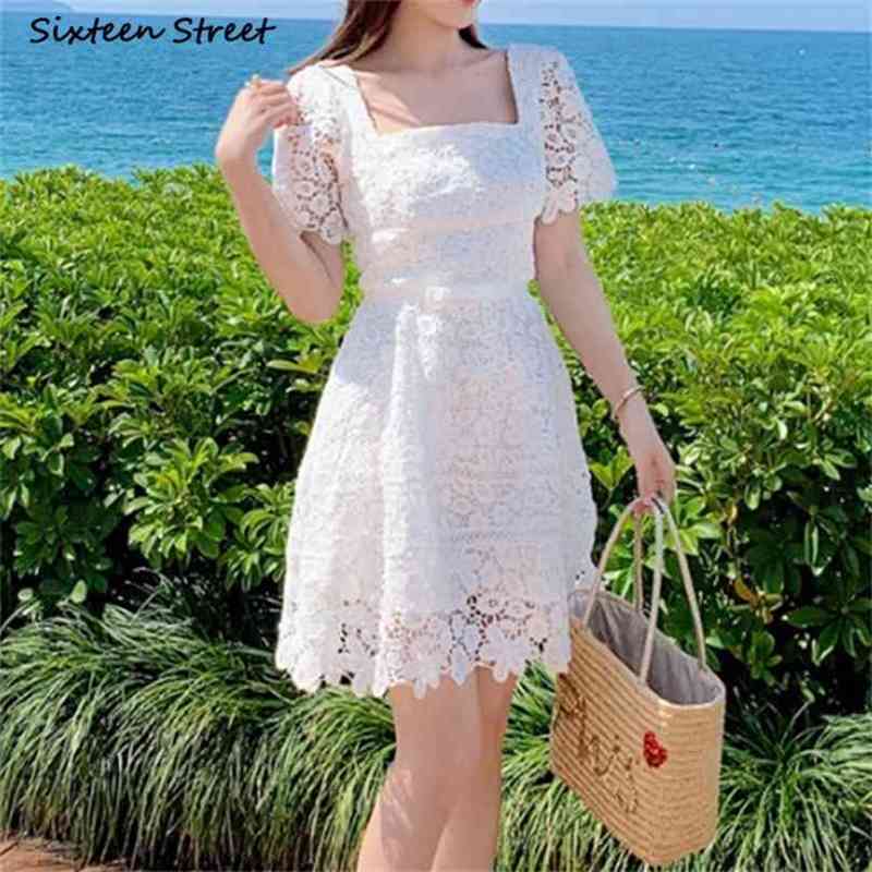 

Woman Dress Summer White Lace Elegant Party es Bodycon Square Collar Self High Waist Runway Mini Female 210603, Brown