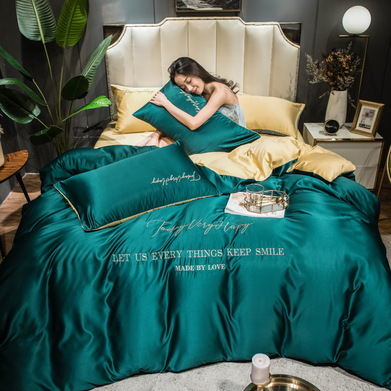 

Net Red Live Broadcast Summer Washed Silk 4-piece Set Nordic Solid Embroidery Quilt Cover Sheet Bedding, White
