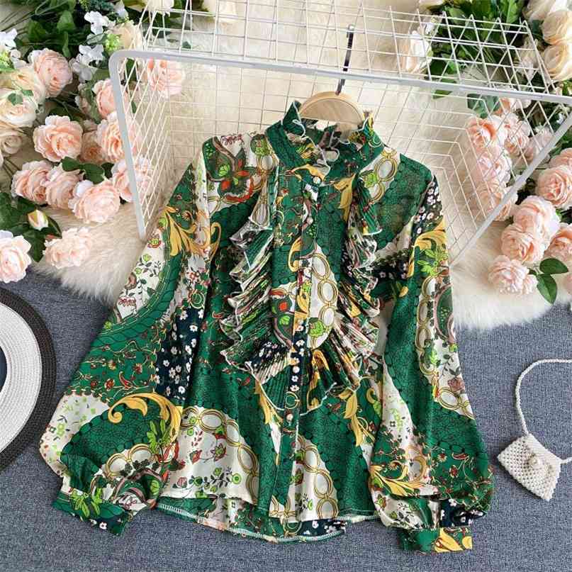 

Spring Autumn Women's Long Sleeve Shirt Retro Floral Print Stand Collar Ruffles Blouse Button up Casual Ladies Chiffon 210603, Green