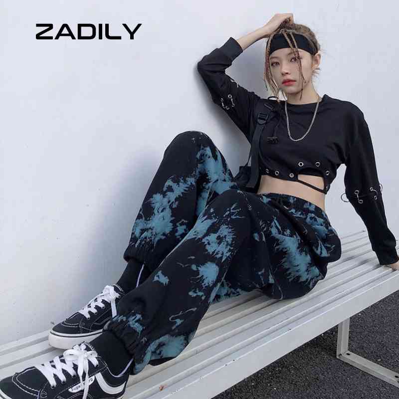 

ZADILY Y2K Street Sytle Elastic Waist Hip Hop Pants Harajuku Loose Tie Dye Print Women Long Summer Female Trousers 210521
