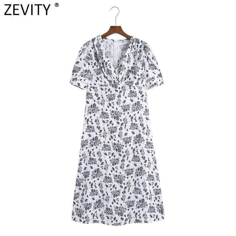

Zevity Women Elegant Pleated V Neck Puff Sleeve Floral Print Casual Slim Midi Dress Femme Back Zipper Vestido Dresses DS8216 210603, As pic ds8216cbrl