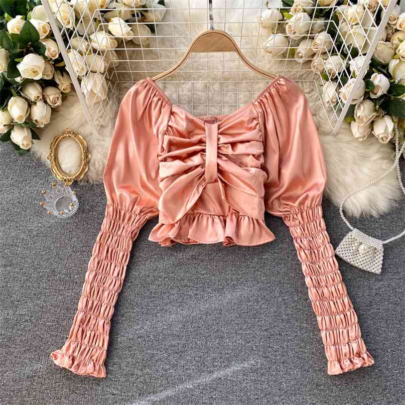 

Women Retro Pleated Crop Top Solid Fashion V-neck Long Puff Sleeve Short Blouse Korean Chic Slim Fit Sexy Tops 210603, Dark brown
