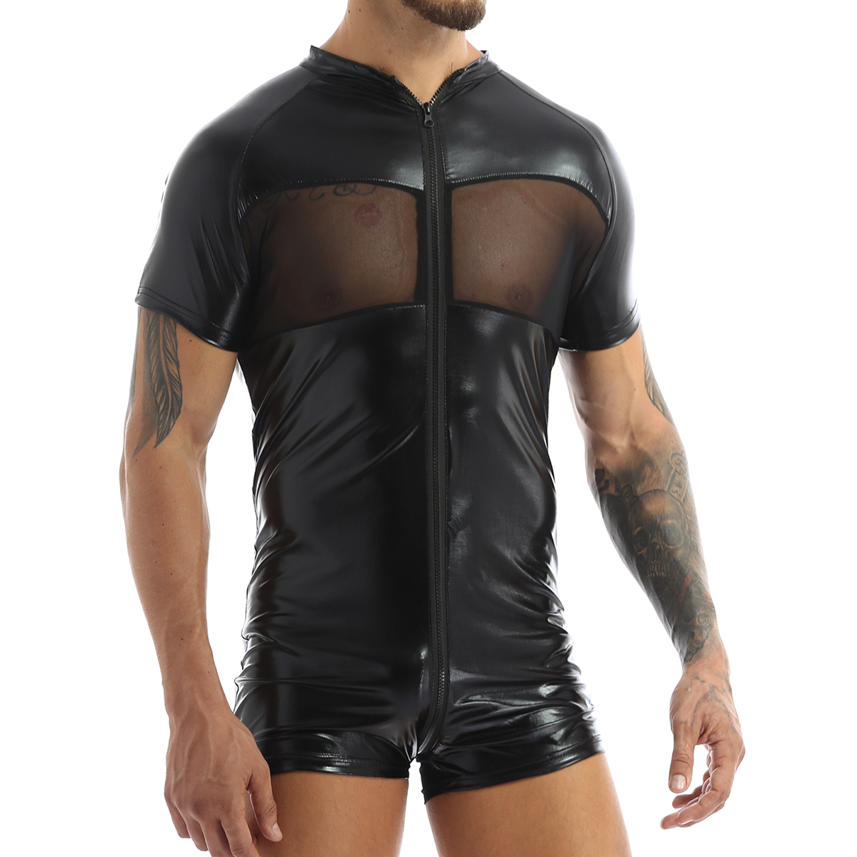 

Mens Shiny Metallic Lingerie Bodysuit Crew Neck Short Sleeves Mesh Patchwork Skin-Tight Leotard Short Bodysuit Jumpsuit Clubwear