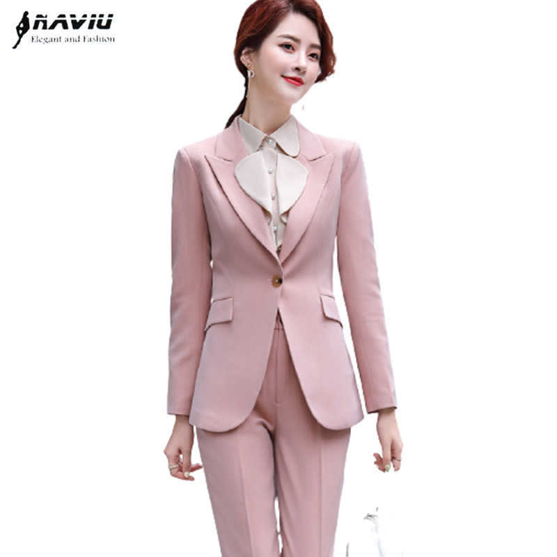 

Professional Suit Fashion Temperament Interview Slim Blazer And Pants Office Ladies Business Formal Work Wear 210604, Pink coat and pants