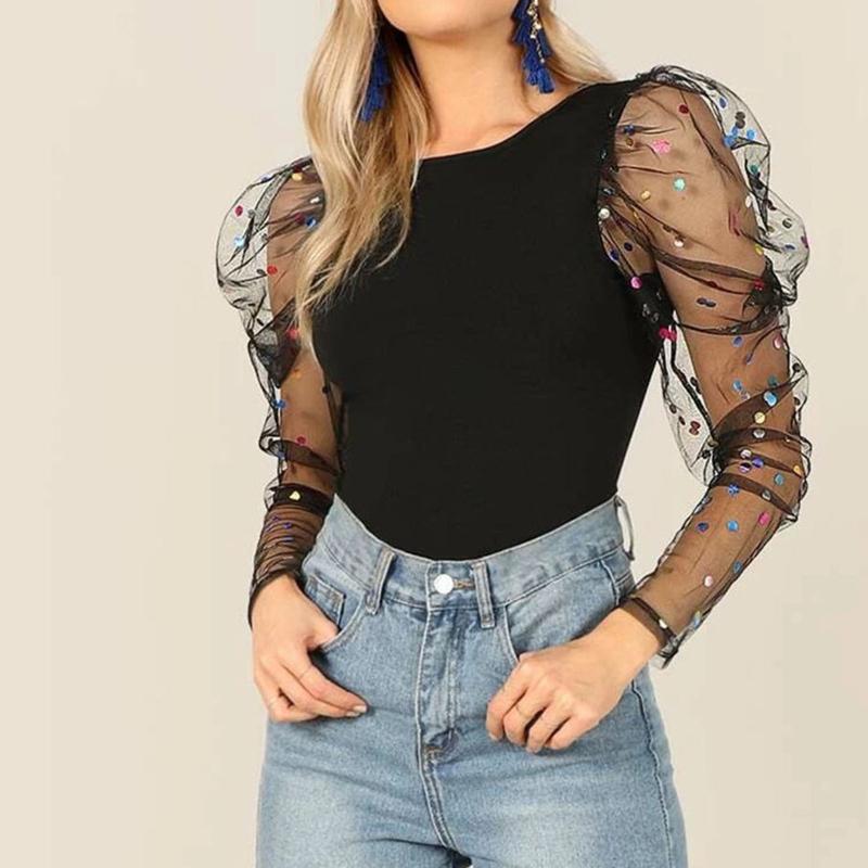 

Sexy Women Polka Dot Mesh Lamb Blouse Shirt Sheer Puff Sleeve Wrap Chest Tops 2021 Spring Summer Ladies Dots Women' Blouses & Shirts, Bk
