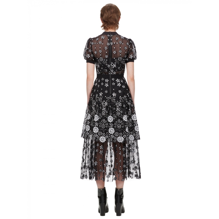 Casual Dresses Self Portrait Vantage Spring Summer Design Black Mesh Sequin Embroidered Midi O-Neck Short Sleeve For Women 6Q8Y-image-699572098