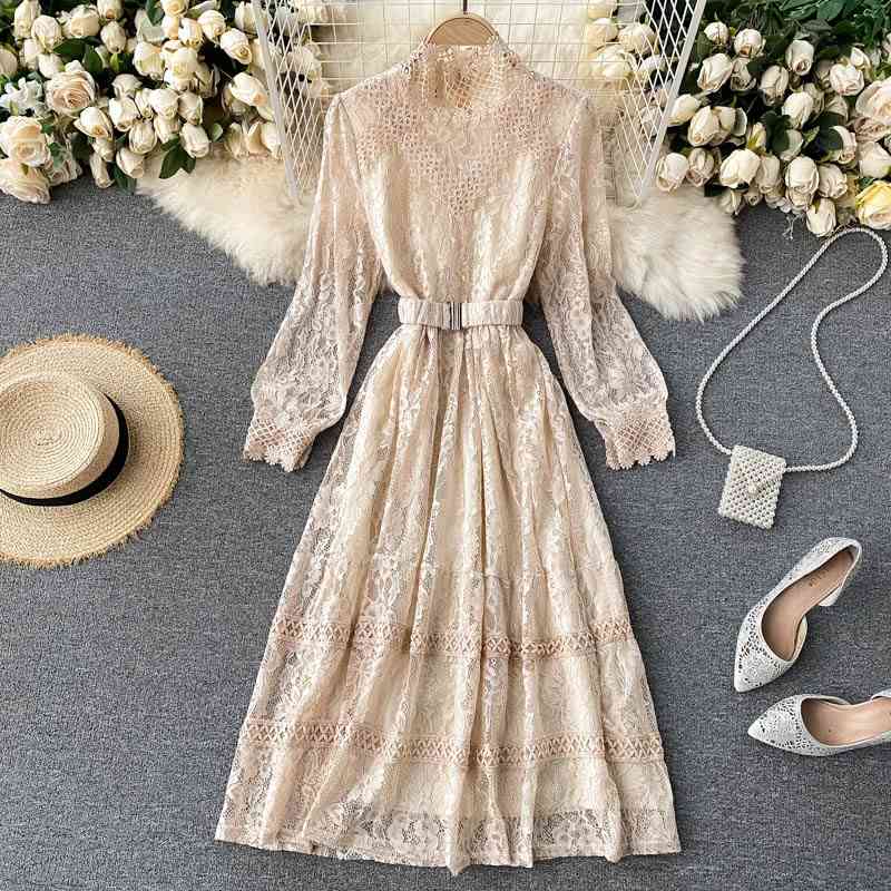 

Women Hollow Out Lace Dress Spring Autumn Long Sleeve A-line Elegant es Ladies Fashion Mesh Midi Vestidos Mujer 210602, Black