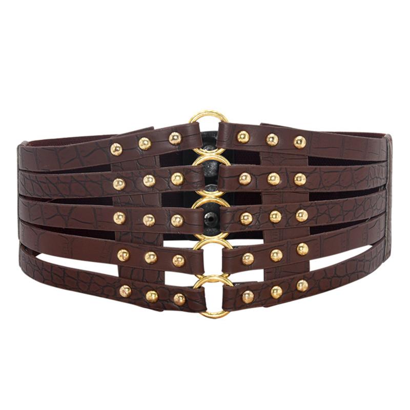 

Belts 2021 Vintage Design Brand Metal Ring Gold Belt Ladies Women Rivet Wide Elastic Waist 5 Straps Pu Wholesale, Black;brown