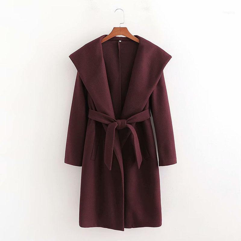 

Winter Ladies European And American Style Fashion Simple Elegant Women Mid-length Hooded Lace Up Coat Jacket1, Burgundy