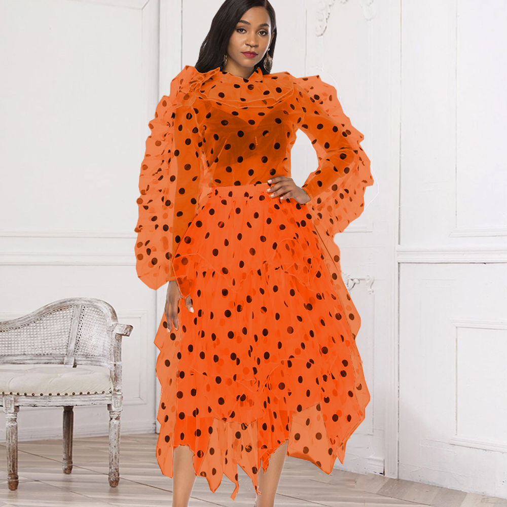 

Women See Through Two Piece Set Ruffles Polka Dot Transparent Long Sleeve Tops and Skirts Organza Evening Birthday Party Suits