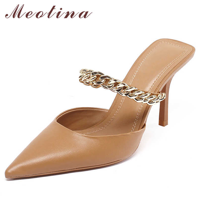 

Meotina Mules Shoes Women Genuine Leather Sandals Chain Super High Heel Sandals Pointed Toe Shoes Thin Heel Lady Footwear Summer 210608, Apricot