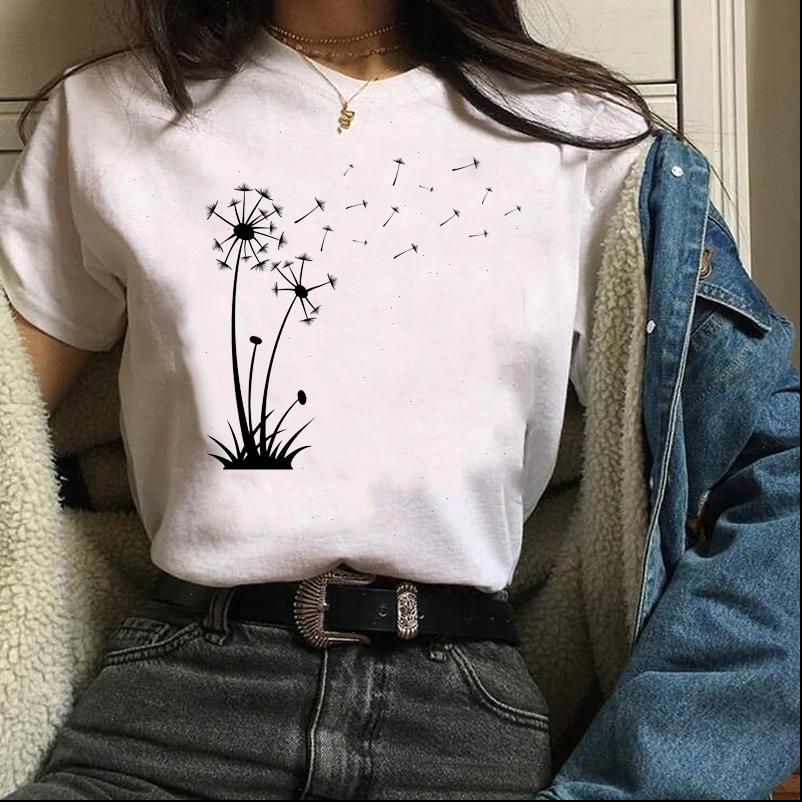 

print graphic dandelion plant womens clothing trend cute casual printing clothes lady tees t shirt female, White