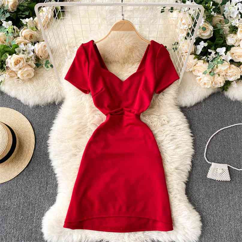

French Style Short Sleeve Summer Dress Women Fashion Solid V-neck High Waist A-line Casual Party Mini Chic Vestidos 210603, Black