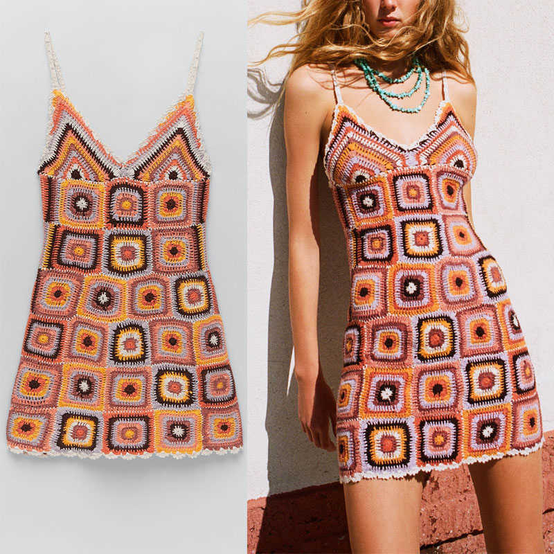 

Za Summer Openwork Knit Dress Women Sleeveless Straps Sexy Backless Party Dresses Fashion Woman Crochet Mini Dress 210602, As picture