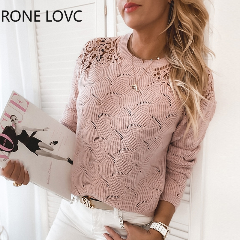 

women solid cut-out lace-up long sleeve sweaters guipure lace hollow out long sleeve sweater, Black