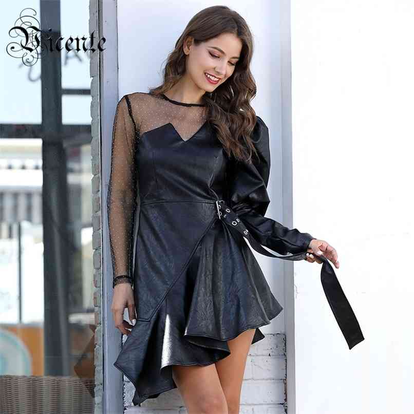 

Trendy Ruffles Design Voile Splicing Puff Sleeves With Sashes Celebrity Party Casual Mini PU Dress 210520, Black