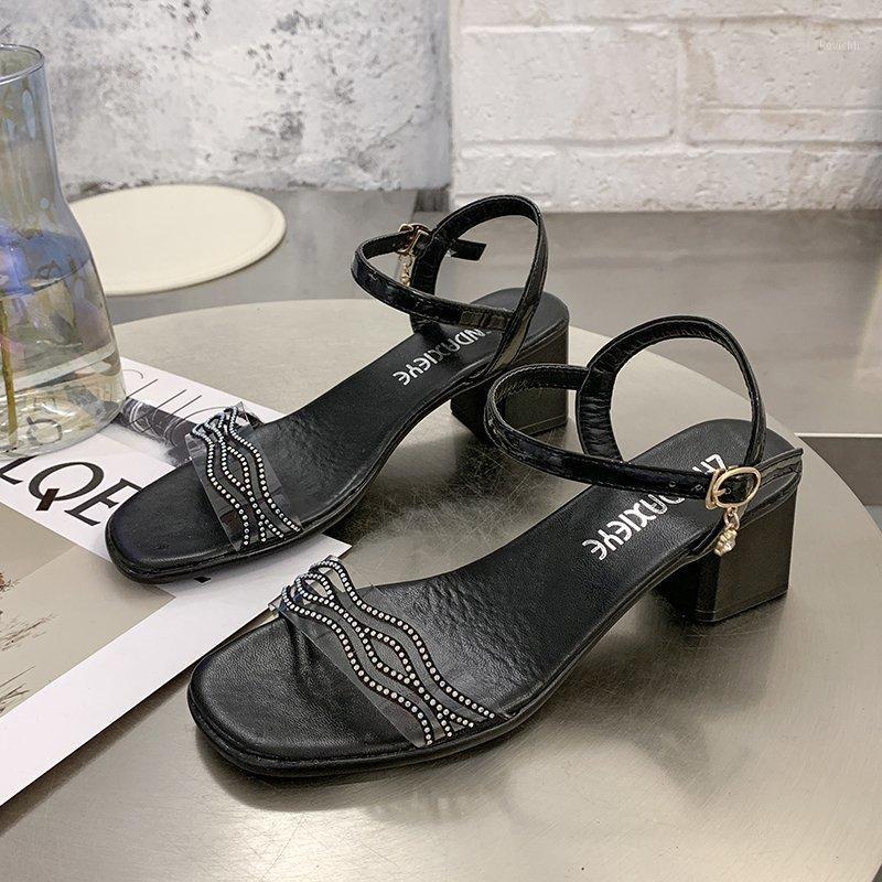 

Dress Shoes Summer Transparent Rhinestone High Heel Sandals Fashion Womens Open Toe Cross Braided Word Buckle Hollow, As pic 1