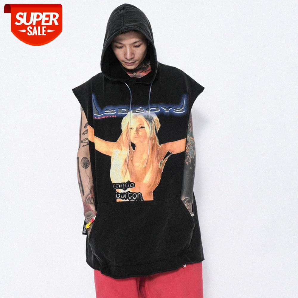 

Character print tie-dye sleeveless hooded sweater men's bf wind loose vest waistcoat T-shirt #cV4y, White;black