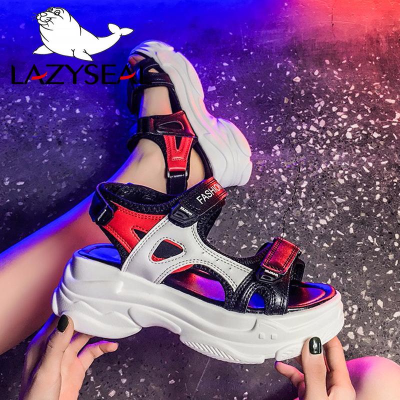 

LazySeal Platform Sandals Women Wedge Heels Hook & Loop Patchwork Summer Thick Soled Beach Sandal Chunky Woman Shoes, Black