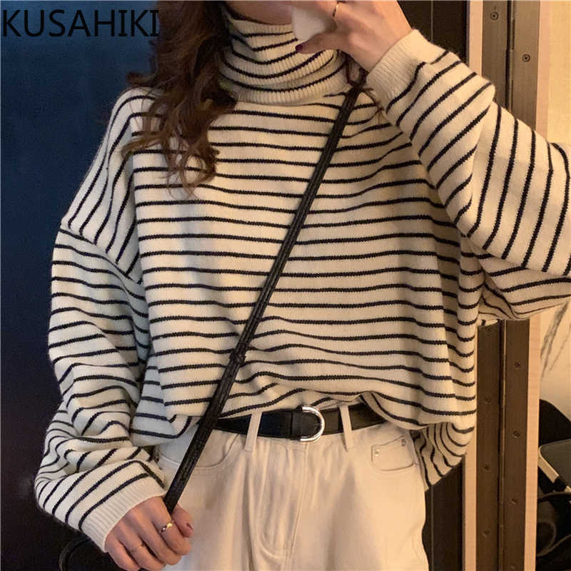 

Korean Stripe Turtleneck Pullover Sweater Causal Long Sleeve Pull Femme Spring Knitted Top Jumper 6E852 210603, Black