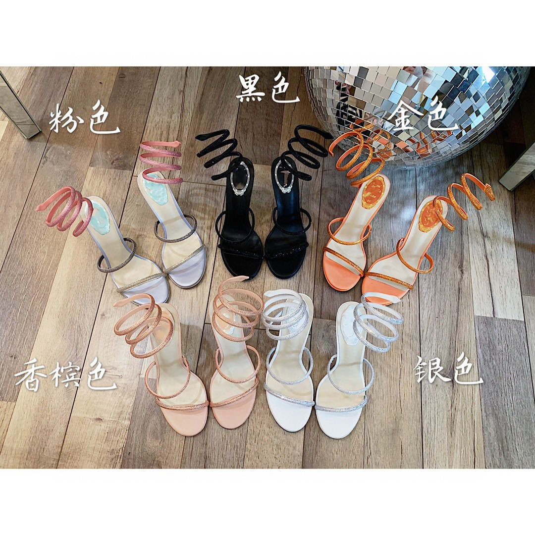 

Summer 2021 snake-shaped round feet rhinestone high-heeled sandals fairy all-match Rome ladies stiletto shoes, Black