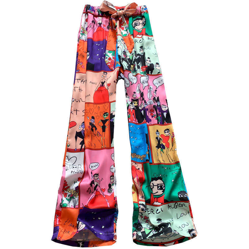 

Women High Waist Cartoon Print Wide Leg Pant Street Style Summer Bandage Designer Korean Fashion Ladeis Basic Trouser 210526, Photo color