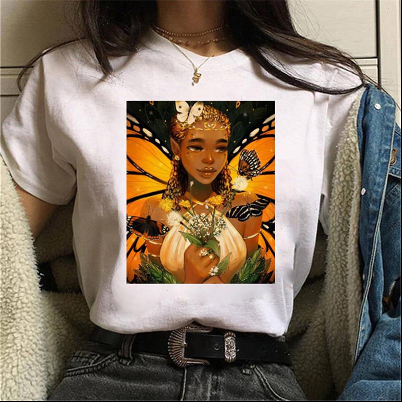 

funny black girls butterfly women printed casual short sleeves harajuku loose plus size tees, White