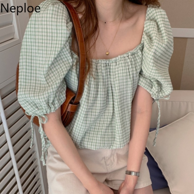Neploe Chic Shirts Summer Women Clothes Vintage Plaid Loose Blouses Square Collar Puff Sleeve Lace Up Blouse Blusas Mujer 94899 210422