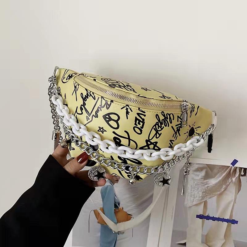 

Waist Bags Pochete Feminina Com Corrente, Bolsa De Cintura Estampa Grafite, Luxo AlÃ§ada Ombro