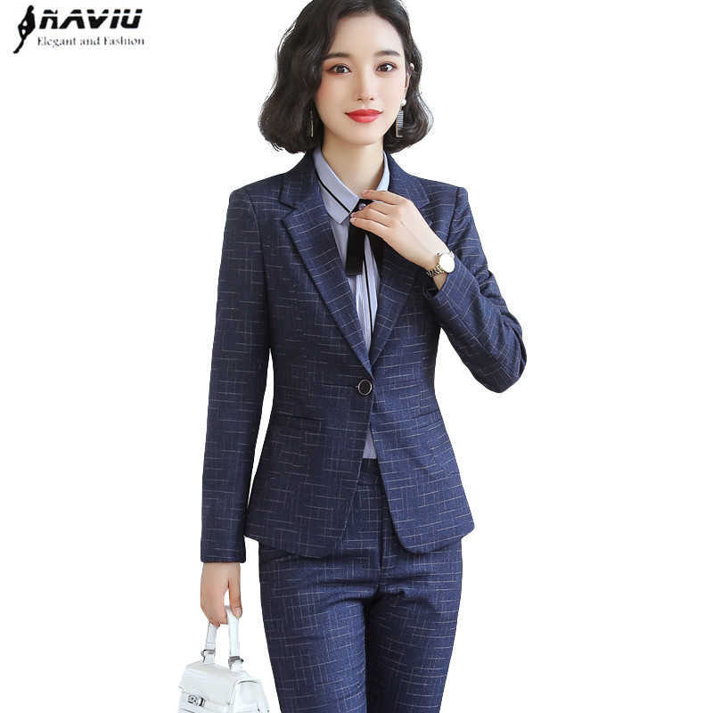 

Fashion Women Business Pants Suit OL Temperament Formal Long Sleeve Slim Blazer and Trousers Office Ladies Interview Work Wear 210604, Navy coat and skirt