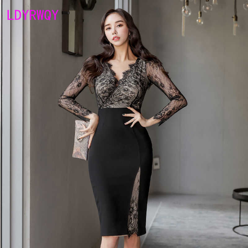 

spring sexy bottoming professional dress Full Knee-Length Zippers Office Lady Lace 210603, Black