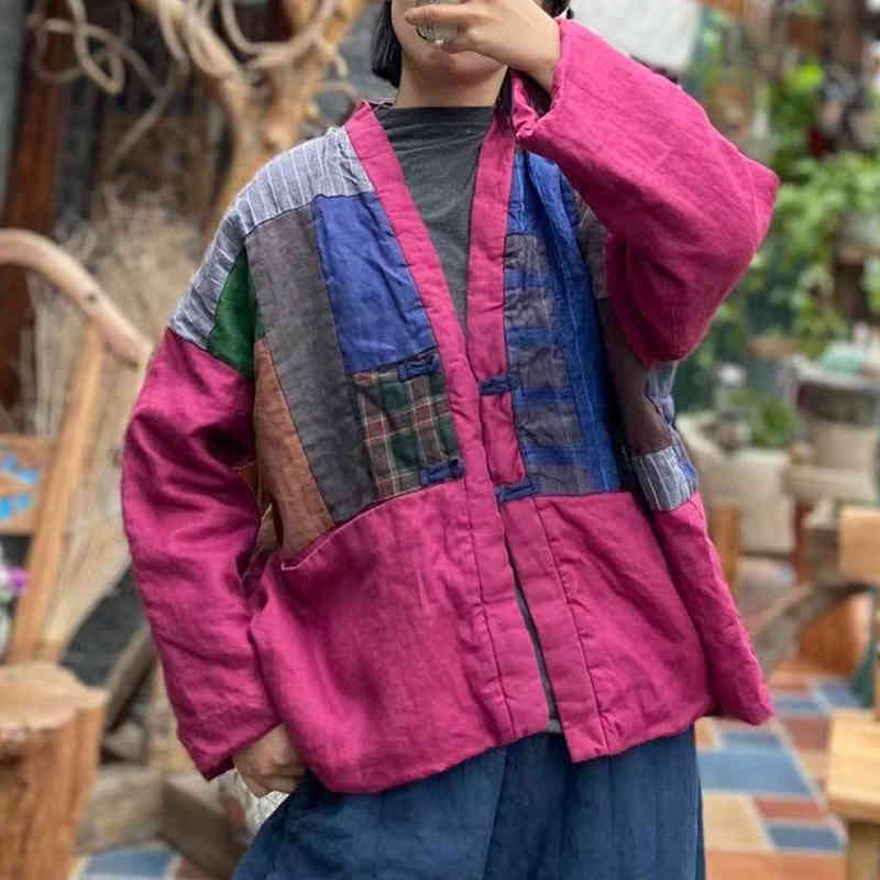 

Johnature Women Warm Cotton Coat Patchwork Rose Red Parkas V-Neck Winter Loose Retro Women Vintage Parkas 210521