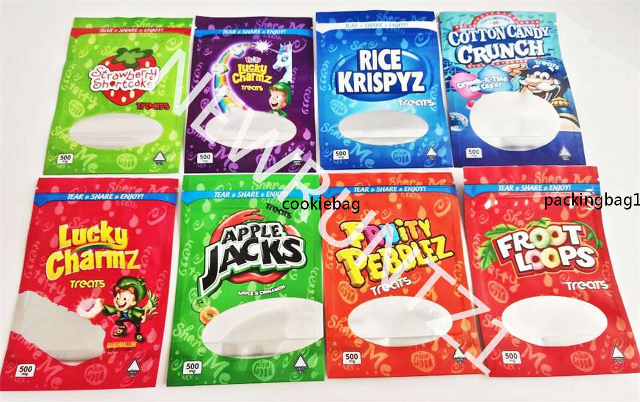 

500mg INFUSED cereal edible bags packaging Mylar packing Caramel treats cocoa Fruity resealable