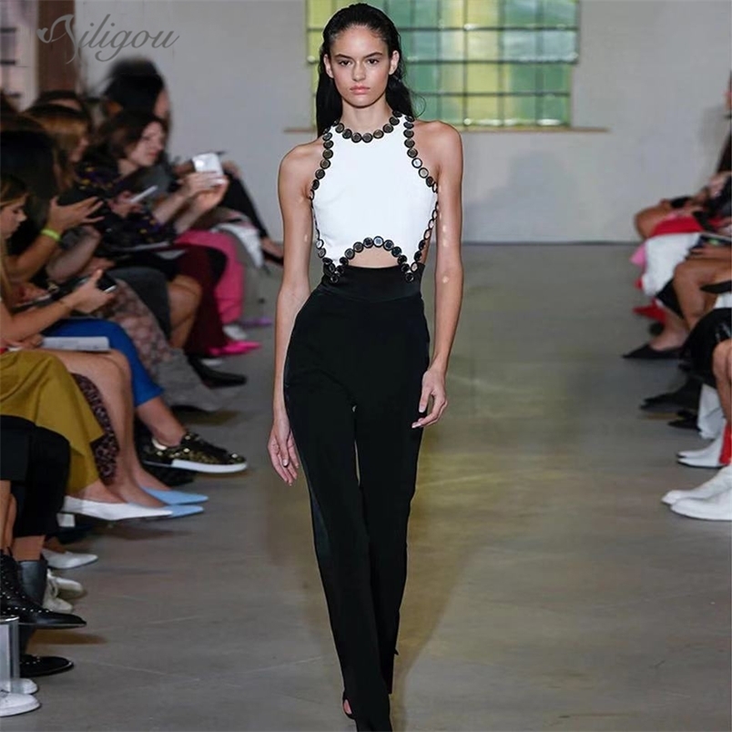 

Women'S Bandage Jumpsuit Celebrity Party Sexy Bodycon Black And White Stitching Sequins Sleeveless 210525, Beige