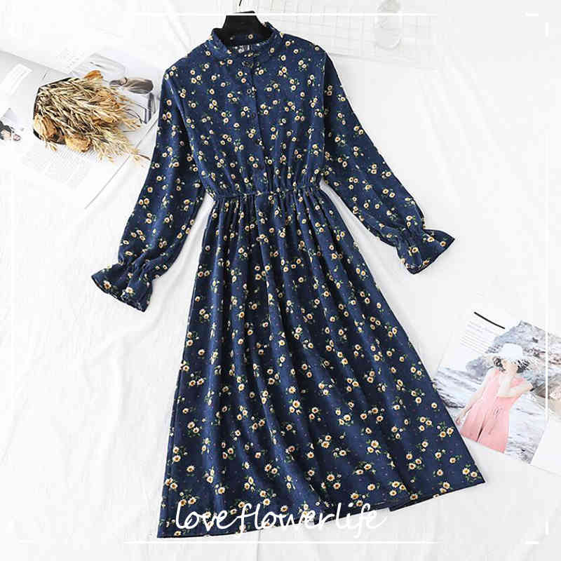 

Autumn Winter sweet Women Corduroy Dress Long Sleeve Floral Print High Waist A Line Party Dress Female Mid-calf Vestidos 210521, Floral 18