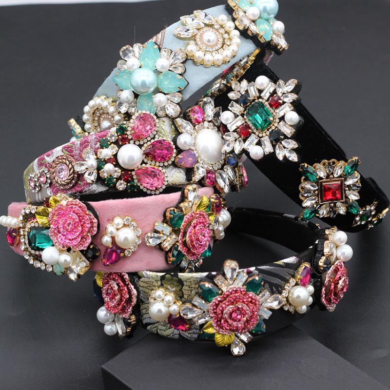 

Hair Clips & Barrettes Exquisite And Exaggerated Fashion Headband Baroque Heavy Work Luxury Color Rhinestone Pearl Flower 677, Golden;silver