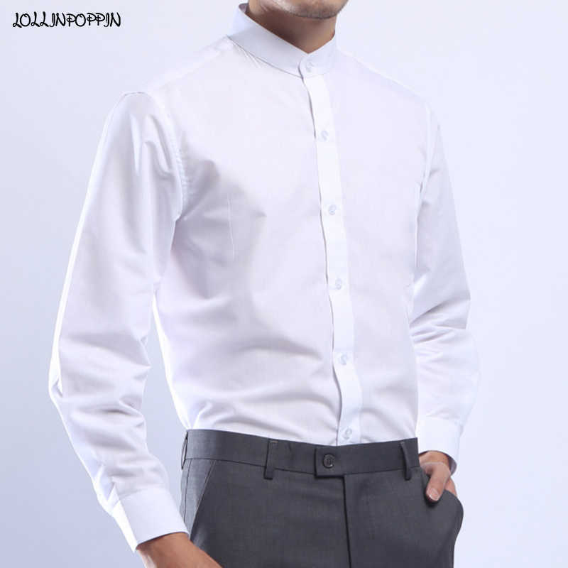 

Men Mandarin Stand Collar White Dress Shirt Long Sleeve Chinese Style Single Breasted 210708