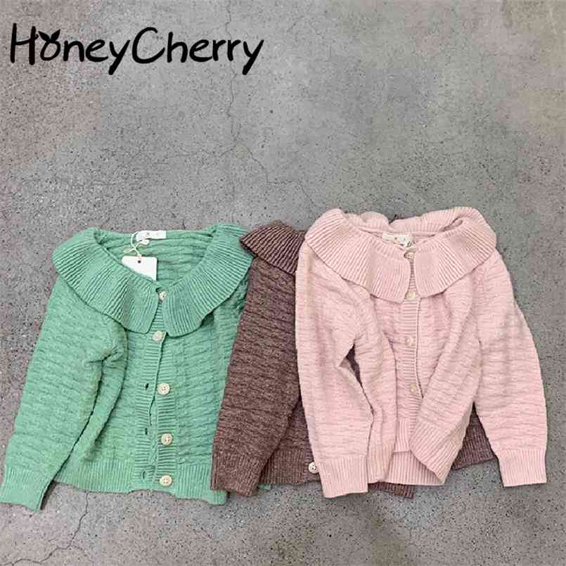 

autumn knitted cardigan solid color lapel sweater kids baby girl clothes 210702, Green