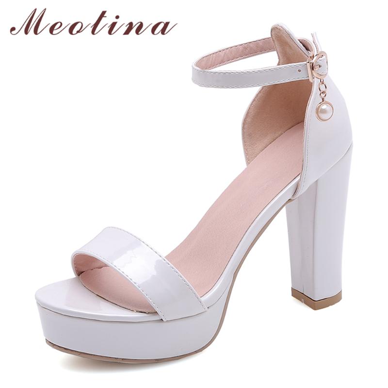 

Meotina Summer Sandals Women Shoes Patent Leather Platform Thick Heels Party Buckle Super High Heel Ankle Strap 43 Dress, Black