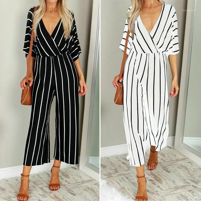 

Women' Jumpsuits & Rompers Women Short Sleeve Striped Jumpsuit Loose Baggy Trousers Overalls Wide Leg Pants 2021 Sexy Deep V-neck Romper Su, Black
