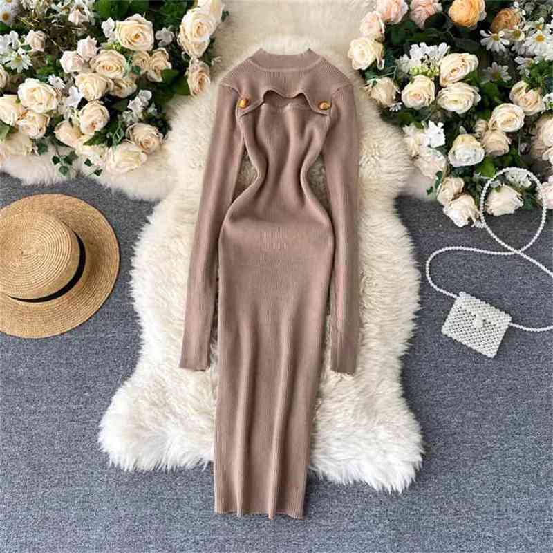 

Auutmn Winter Bodycon Dress Women Long Sleeve Sweater Sexy Party es Ladies Elegant Hollow Out Knit Midi 210525, Brown